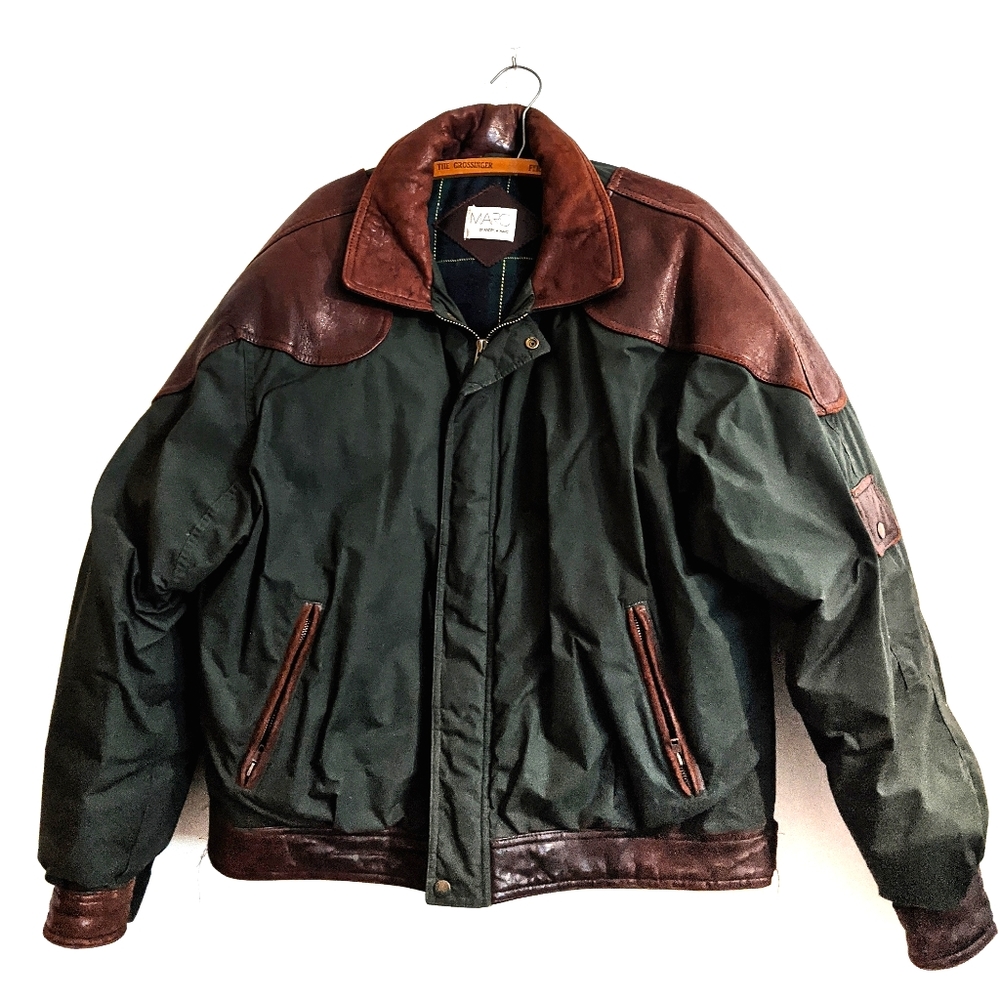 Vintage Hunter Green Brown Leather Bomber Jacket